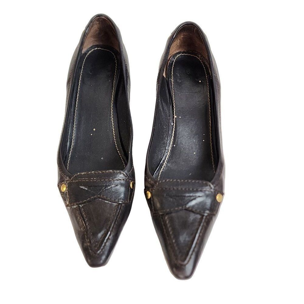 Vintage Brown Leather Kitten Heel Women's Driving Car Shoes Size 38